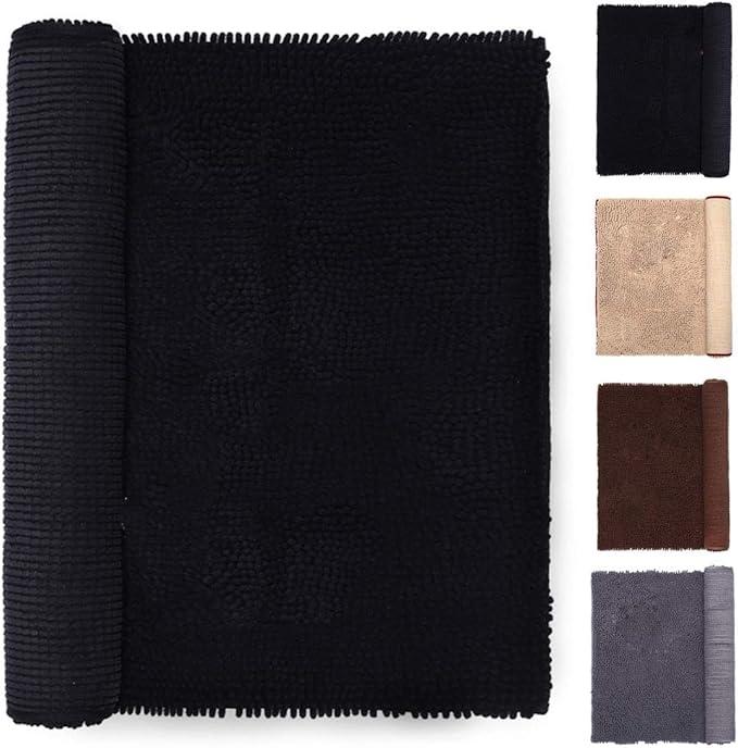 NJSBYL Bath Rugs Mats Black 19.5"W x 29"L Inches Shaggy Chenille Bathroom Doormats Machine Washable Dry Ultra Soft Water Absorbent