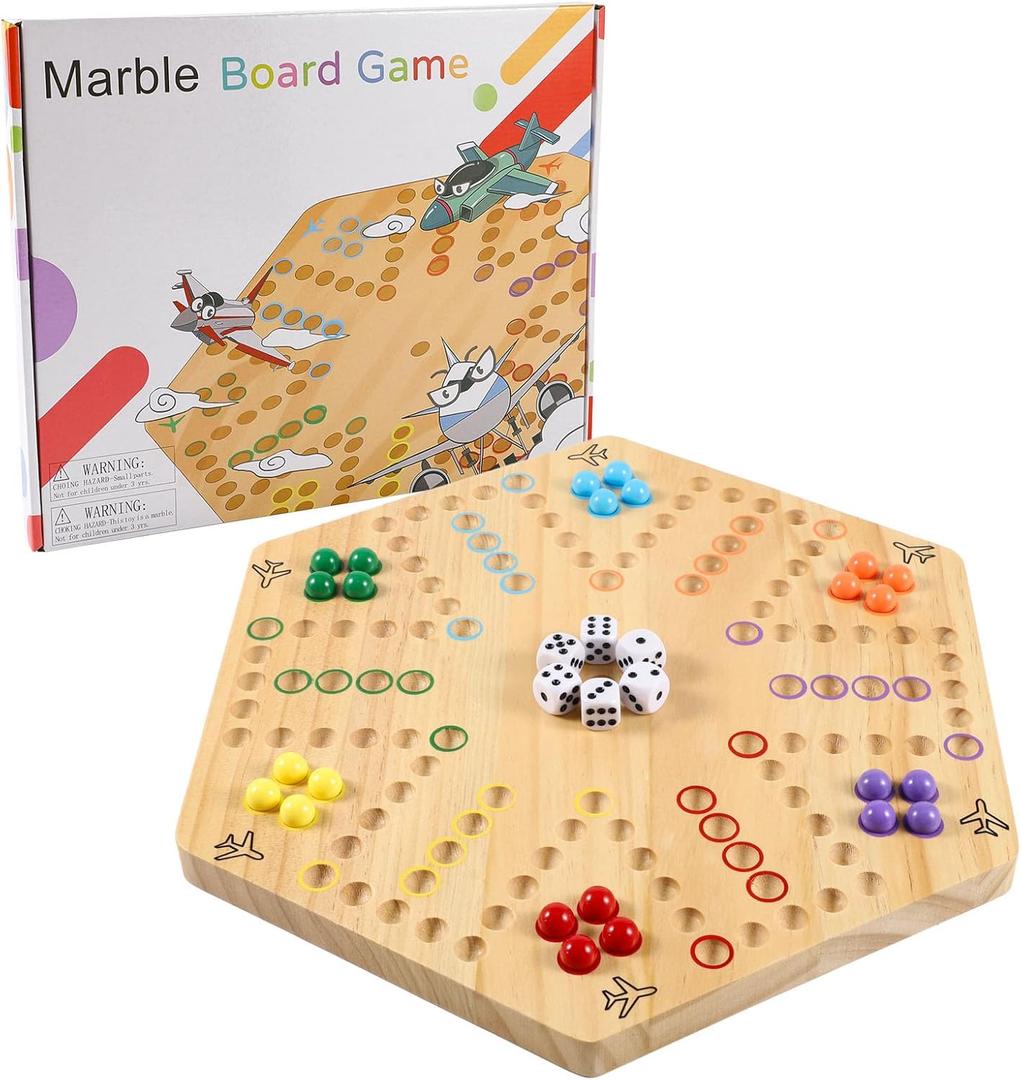 Original Marble Game Wahoo Board Game Double Sided Painted Wooden Fast Track Board Game for Family Friends and Party 6 and 4 Players 6 Colors 24 Marbles 6 Dice (Smalllog)