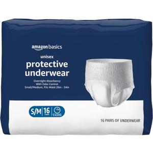 Amazon Basics Unisex Protective Underwear, Overnight Absorbency, Small/Medium, 16 Count, (1 Pack of 16)