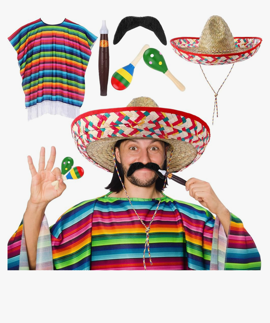 Unittype 6 Pcs Mexican Costume Set Sombrero Hat Serape Striped Crop Top Mustache Maracas Outfit Fiesta Party Decorations
