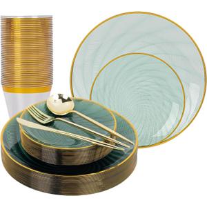 N9R 180 PCS Disposable Dinnerware Set with Gold Rim for 30 Guests,Green Plastic Plates Include 30 Dinner Plate, 30 Dessert Plates, 30 Cups, 90 Heavy Duty Gold Plastic Silverware for Party & Wedding