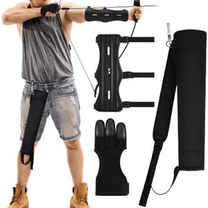 3 Pcs Archery Accessories Including Protective Archery Arm Guard Leather Padded Three Finger Hunting Gloves Back Arrow Quiver Hip Arrows Bag for Men Women Youth Adults Beginners Hunting Shooting