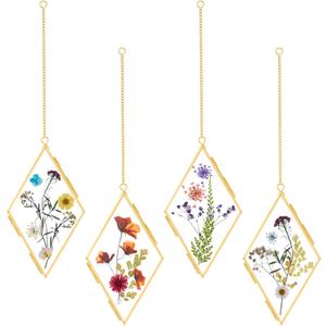 Qunclay 4 Pcs Double Glass Pressed Flower Frames Rhombus Wall Hanging Floating Picture Photo Frames with Chain for Pressed Dried Flowers Plants Photo Small Flat Items Artwork Display(Brass,6 Inch)