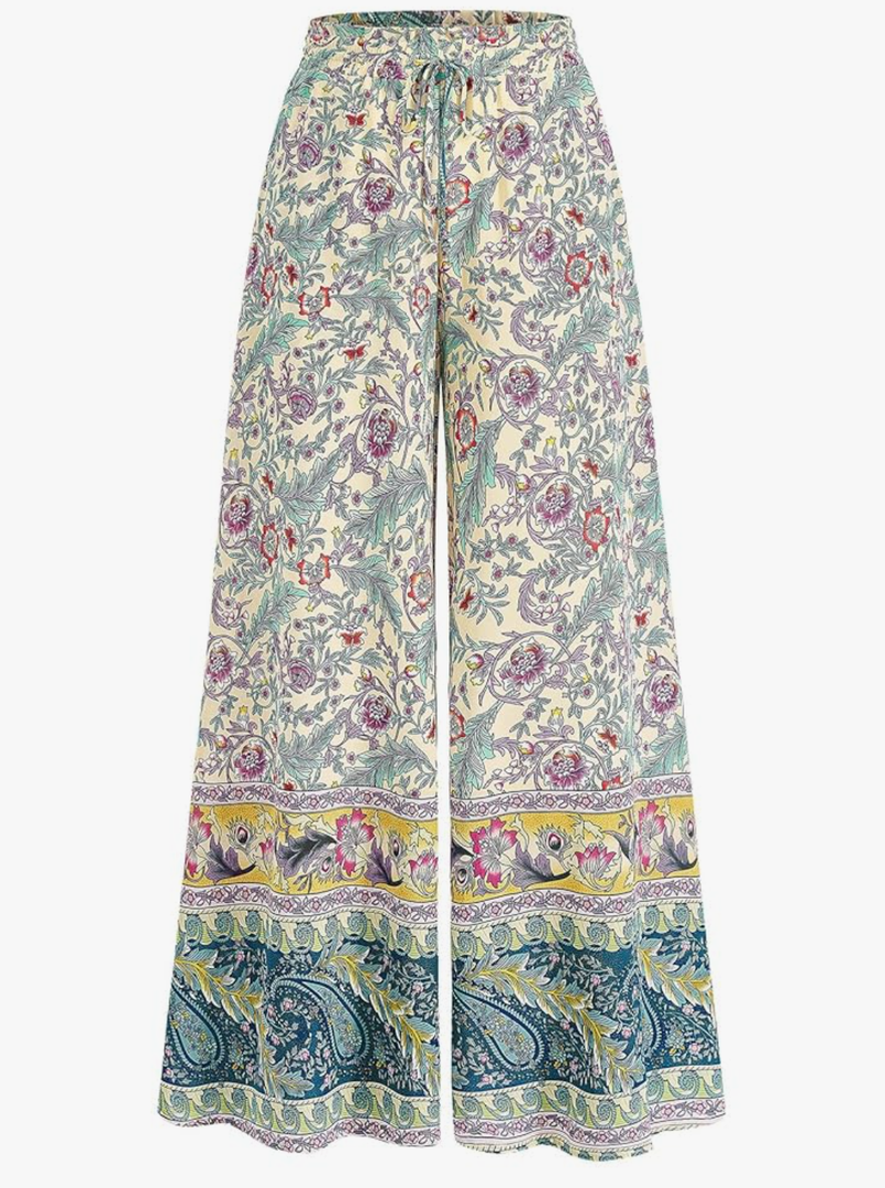 CFLONGE Women Wide Leg Pants Casual High Waist Floral Palazzo Pants for Women Flowy Trendy Lounge Boho Beach Trousers Pockets M 