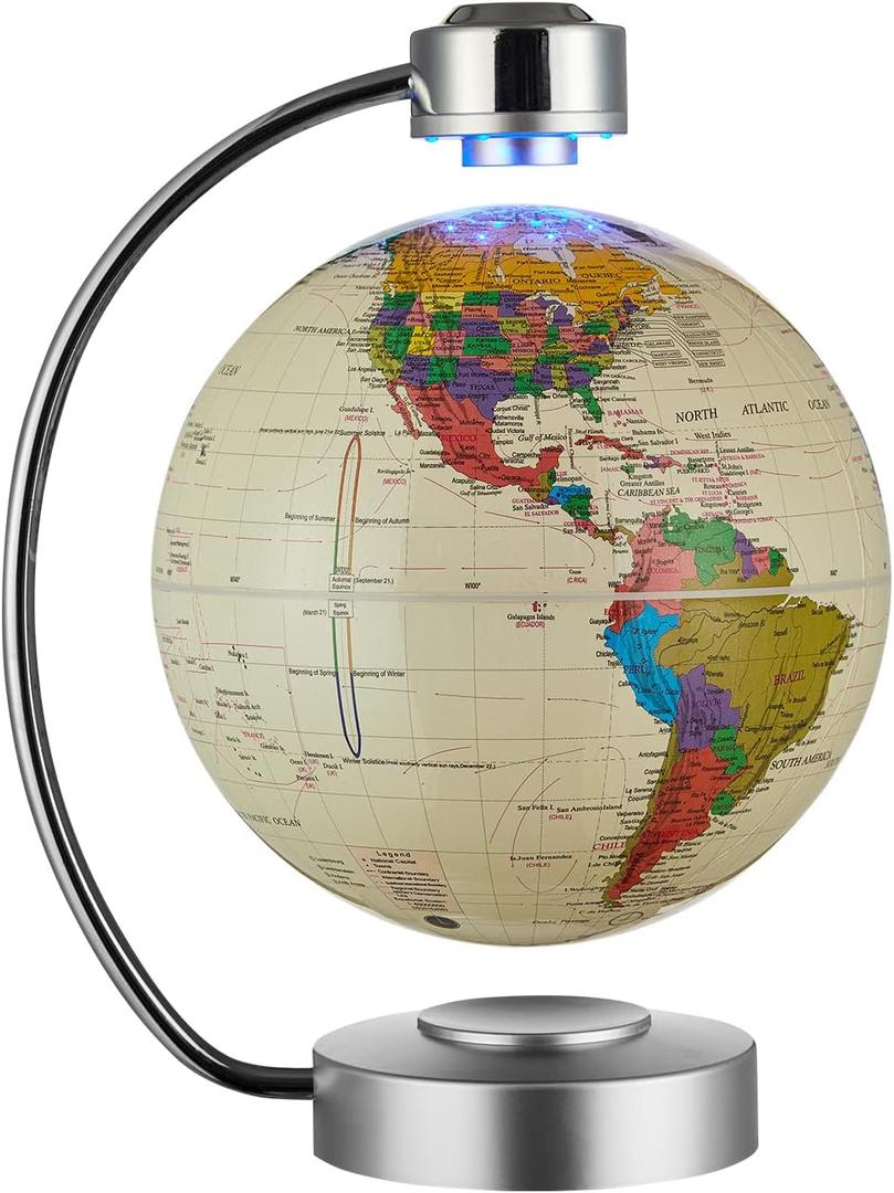 Magnetic Levitation Floating Globe, 8'' Magnetic Levitating Globe LED Illuminated World Map with Auto Permanent Revolving System for Home Office Modern Decorative Ornament Gift (Beige)