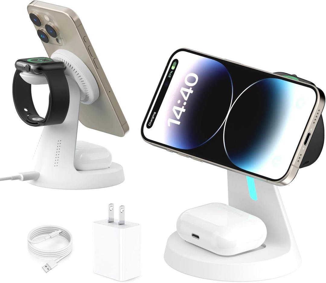 Wireless Charger Compatible with Mag-Safe,3 in 1 Charging Station for iPhone17/16/15/14/13/12 Series, Apple Watch,AirPods,15W Fast Charging (Adapter Included) (White)