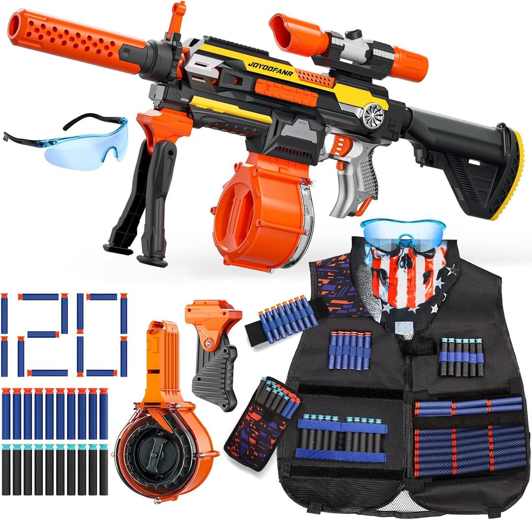 Toy Guns Automatic Machine Gun with Tactical Vest Kit -Toy Sniper Gun Rifle with Bipod - Drum Magazine Clips and 120 Darts -Toys Foam Guns for Boys 8-12 Kids Adults Gifts for Birthday Christmas (Orange)