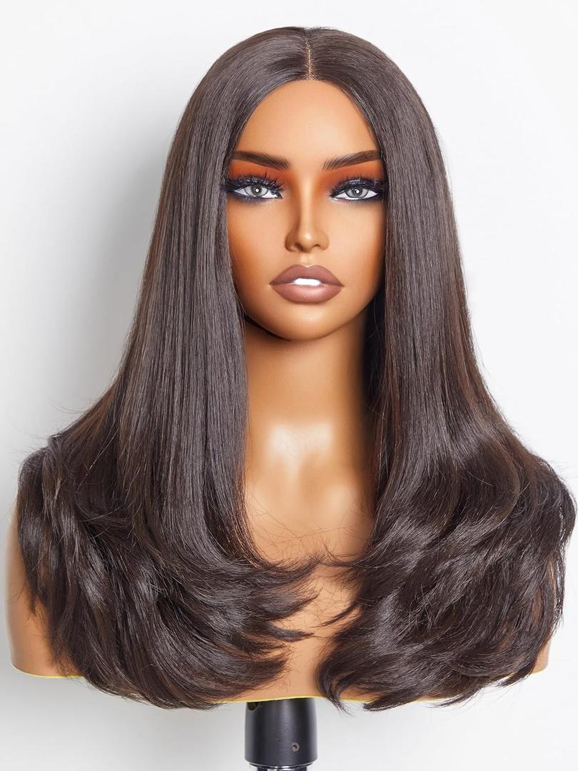 GORGIUS Glueless Short Wavy Wig Dark Brown Loose Curly Wig Shoulder Length 18 Inch Middle Part 180 Density Put On Go Wigs Pre Plucked with Natural Hairline Fiber & Remy Human Hair Blend
