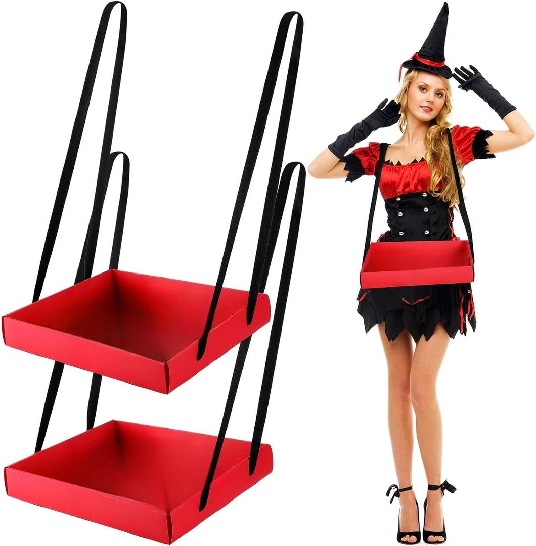 Junkin 2 Pcs Snack Trays with Strap Wearable Party Serving Tray Foldable Usherette Popcorn Drink Beverage Carrier Red Movie Night Costume Accessory Prop with 4 Ribbons, 2 x 11 x 13 Inches(Red)