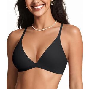 OEAK Womens Comfortable Triangle Bras No Underwire Sexy Plunge Unlined Bralette Pull On Bra Seamless Everyday Tshirt Bras Black, Size: M