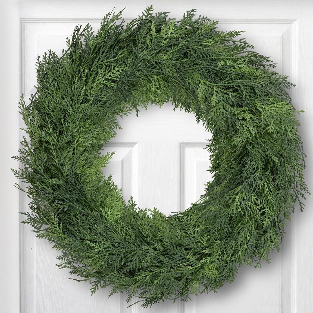 Cedar Wreaths for Front Door Christmas - Wreath 20 Inch Real Touch Holiday Outdoor Wreath for Decorating Artificial Plain Winter Pine Modern Farmhous Wreaths for Indoor NEW-BBYHH-24IN