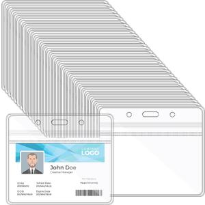 2 x Happy Trees Badge Holder Horizontal ID Card Protector, Name Tag Badge Holders with Resealable Zip, Clear PVC Plastic Sleeves, Pass Case Credential Pouch for Office, School (50 Pack)