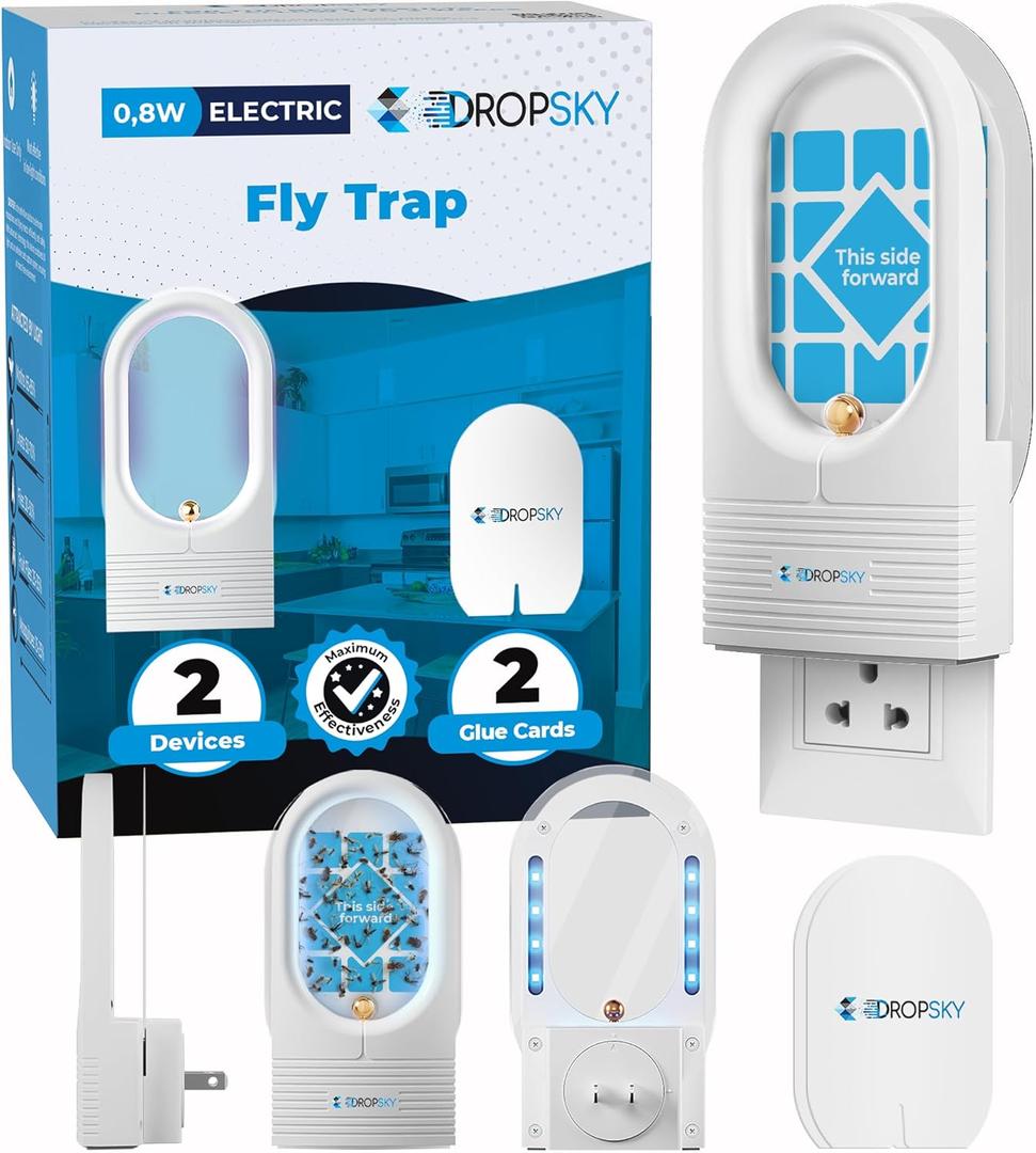 Dropsky Indoor Flying Insect Trap - Plug-in Bug Light Trap for Fruit Flies, Gnats and Houseflies - Odorless and Mess Free (2 Traps + 2 Glue Cards)