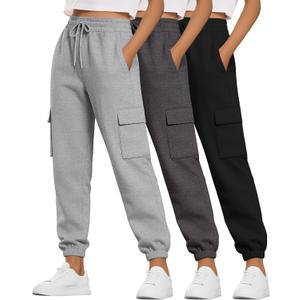 Neer 3 Pack Women's Cargo Sweatpants Joggers Pants Causal Gym Athletic Workout High Waist Bottom Y2k Fall Outfits with Pocket (Large, Black, Dark Grey, Light Grey)