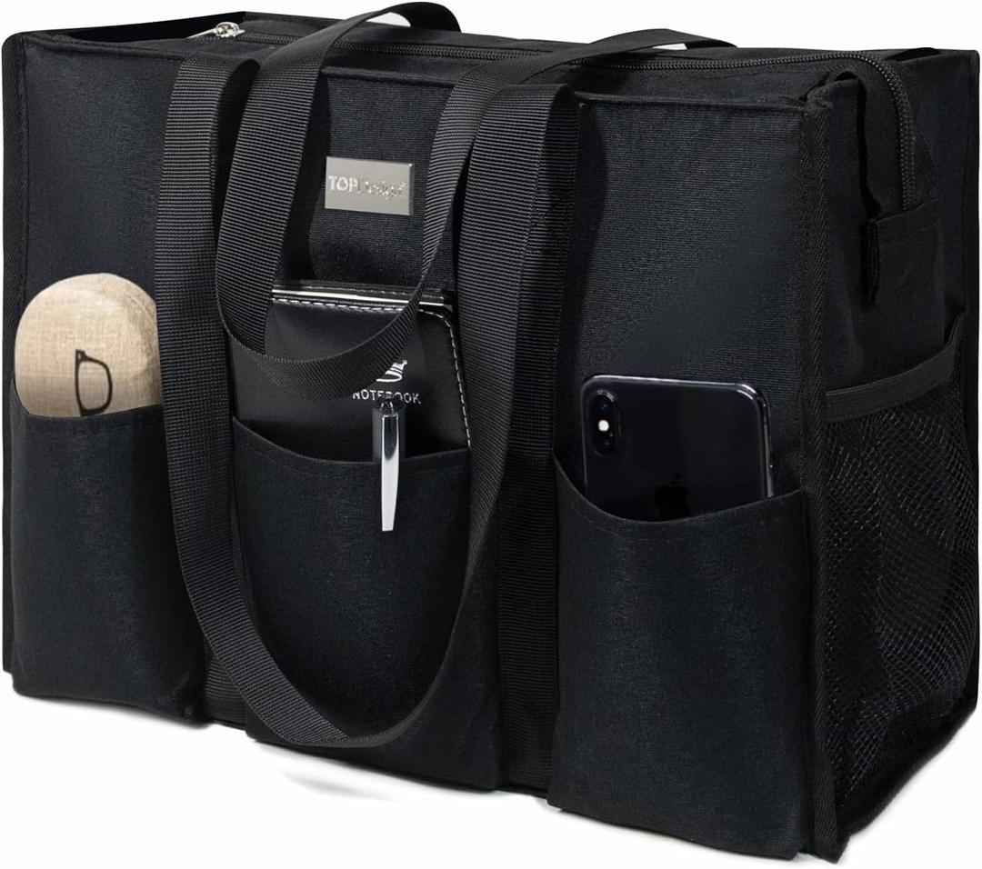 TOPDesign Utility Water Resistant Tote Bag with 13 Pockets, Top Zipper Closure & Thick Bottom Support, for Working Women (Large, Black)