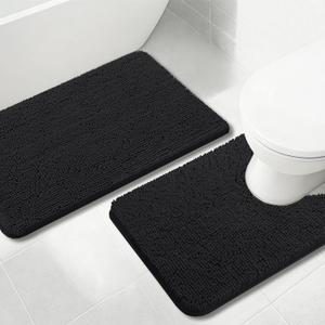 Flotstiga Bathroom Rugs Chenille, Extra Thick and Absorbent, Non-Slip, Machine Washable, Dry Quckily, Soft Cozy Plush, Used Under Shower Bathtub and Sink, Bath mat Sets Black, 20 x 32 inch + 20 x 20 inch (U-Shape)