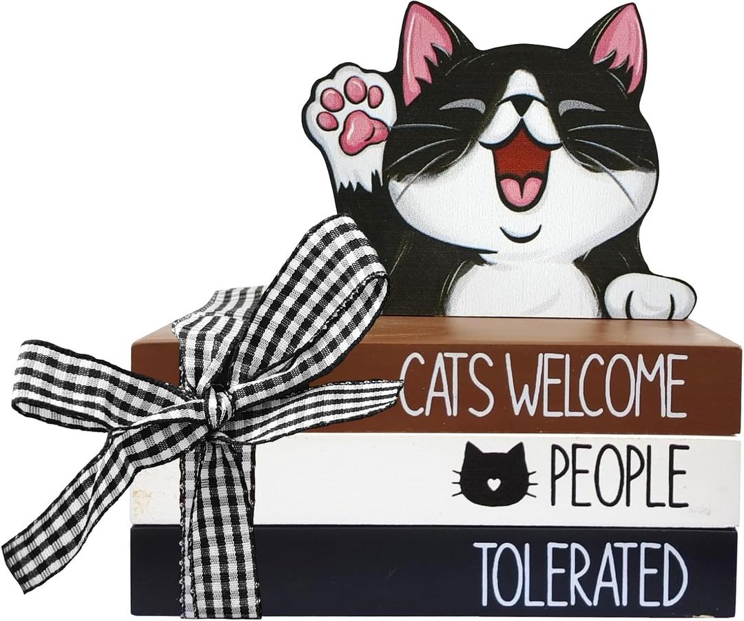 Tuxedo Cat Mini Wood Book Stacks, Cats Welcome People Tolerated Tiered Tray Decor, Farmhouse Decorative Wooden Sign Pet Lover Gifts, Rustic Shelf Table Home Decorations with Plaid Bow