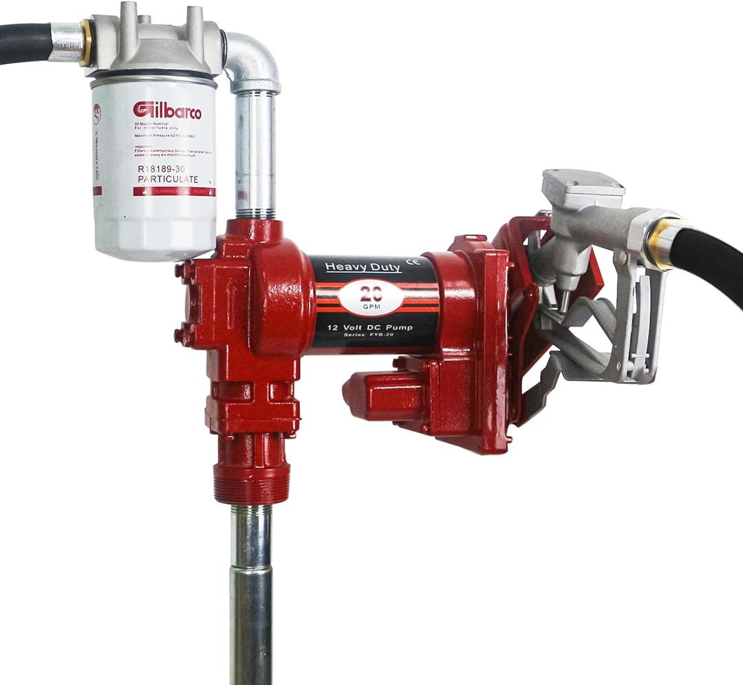 12V Fuel Transfer Pump w/Manual Nozzle, 20 GPM High Flow DC Diesel Transfer Pump, Gas Heavy Duty Transfer Pump with Filter for Gasoline, Diesel, Kerosene, Biodiesel and More