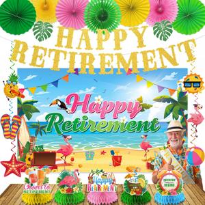 Luau Hawaiian Retirement Party Decorations, 23Pcs Beach Retirement Party Happy Retire ment Banner Backdrop, Tropical Retire ment Decorations Honeycomb Centerpieces Hanging Swirls Paper Fans