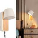 Modern Wall Lamp with Plug in Cord for Bedrooms Hallway Living Room, Indoor Contemporary Mounted Lighting Fixture,Nordic Bedside Rotatable Reading Lights, Up Down White Wooden Sconces with Switch