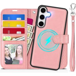 TUCCH Case for Galaxy S25 Plus, [Detachable] Wrist Strap Magnetic PU Leather Wallet Case with RFID Blocking [Wireless Charging] 4 Card Slot Stand Removable Cover for Galaxy S25 Plus 6.7", Rose Gold