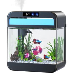 Fish Tank 2.2 Gallon,Small Fish Tanks Kits,Aquarium Fish Tank Starter Kit with 3-in-1 Silent Pump and 7 Color Led Light,with Temperature Display,for Fish,Shrimp,Betta(Black-2.2 Gallon)