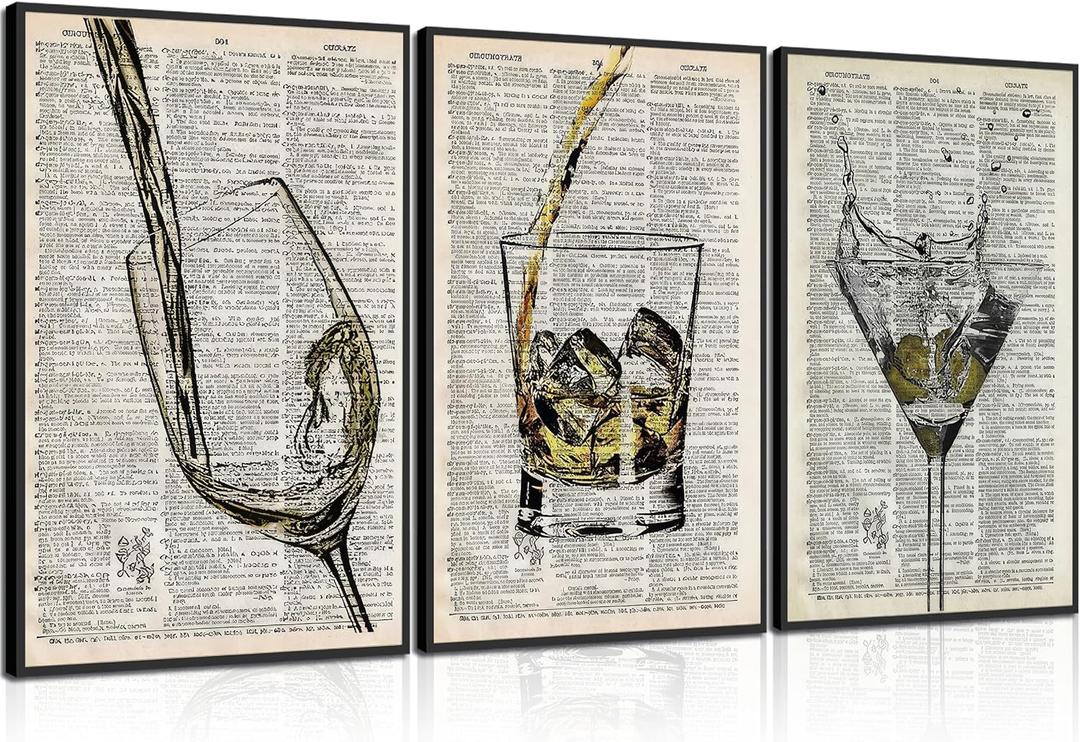 3Pcs Bar Cart Wall Art Vintage Funky Champagne Glasses Posters Pictures Black And White Cocktail Glasses Paintings Bar Dictionary Canvas Prints for Bar Party Dining Man Cave Wall Decor Unframed, 12 X 16 Inches/16x24 Inches