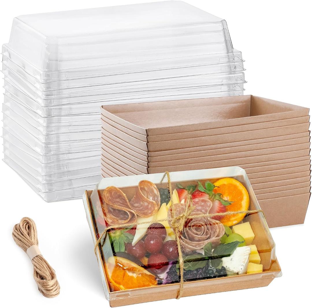 Leafiew 50 Pack 7x5 Inches Charcuterie Boxes with Clear Lids - Individual To Go Paper Charcuterie Board with Lid, Disposable Food Containers for Desserts, Cookie, Food, Charcuterie Accessories