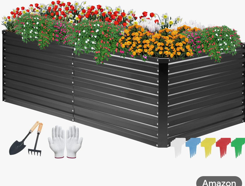 DTIG Galvanized Raised Garden Bed for Vegetables Flowers Herbs, Tall Metal Raised Garden Bed Kit with Garden Tools, Gloves, Plant Labels, Black 6×3×2FT