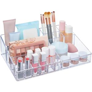 STORi Audrey Clear Vanity Makeup Organizer | 15-Compartment Holder for Brushes, Eyeshadow Palettes, & Beauty Supplies | Stacks on Audrey Storage Drawers | Made in USA