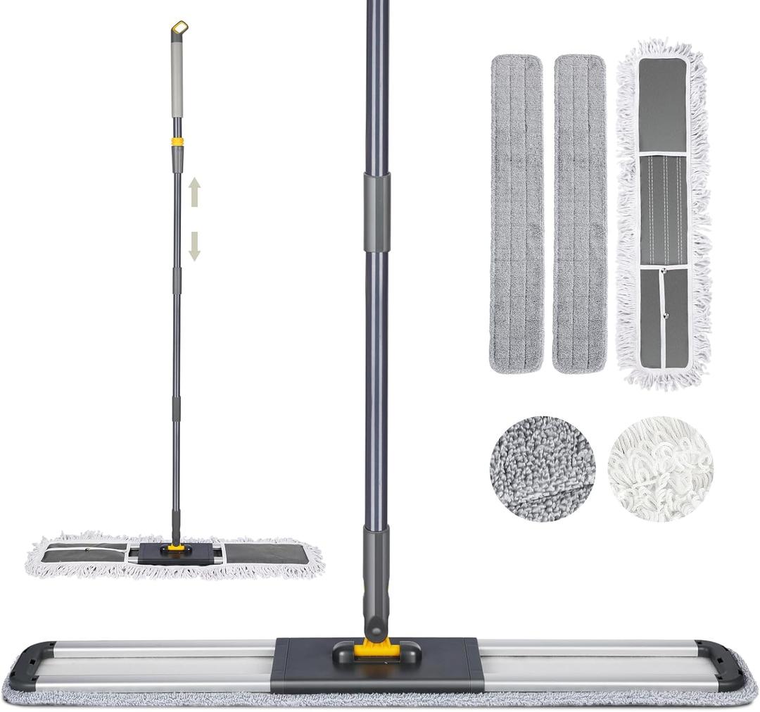 36 Inch Commercial Industrial Floor Mop, Long Handle, Washable Cotton and 2 Microfiber Mop Pads, Heavy Duty Wet and Dry for Hardwood, Tiles, Laminate
