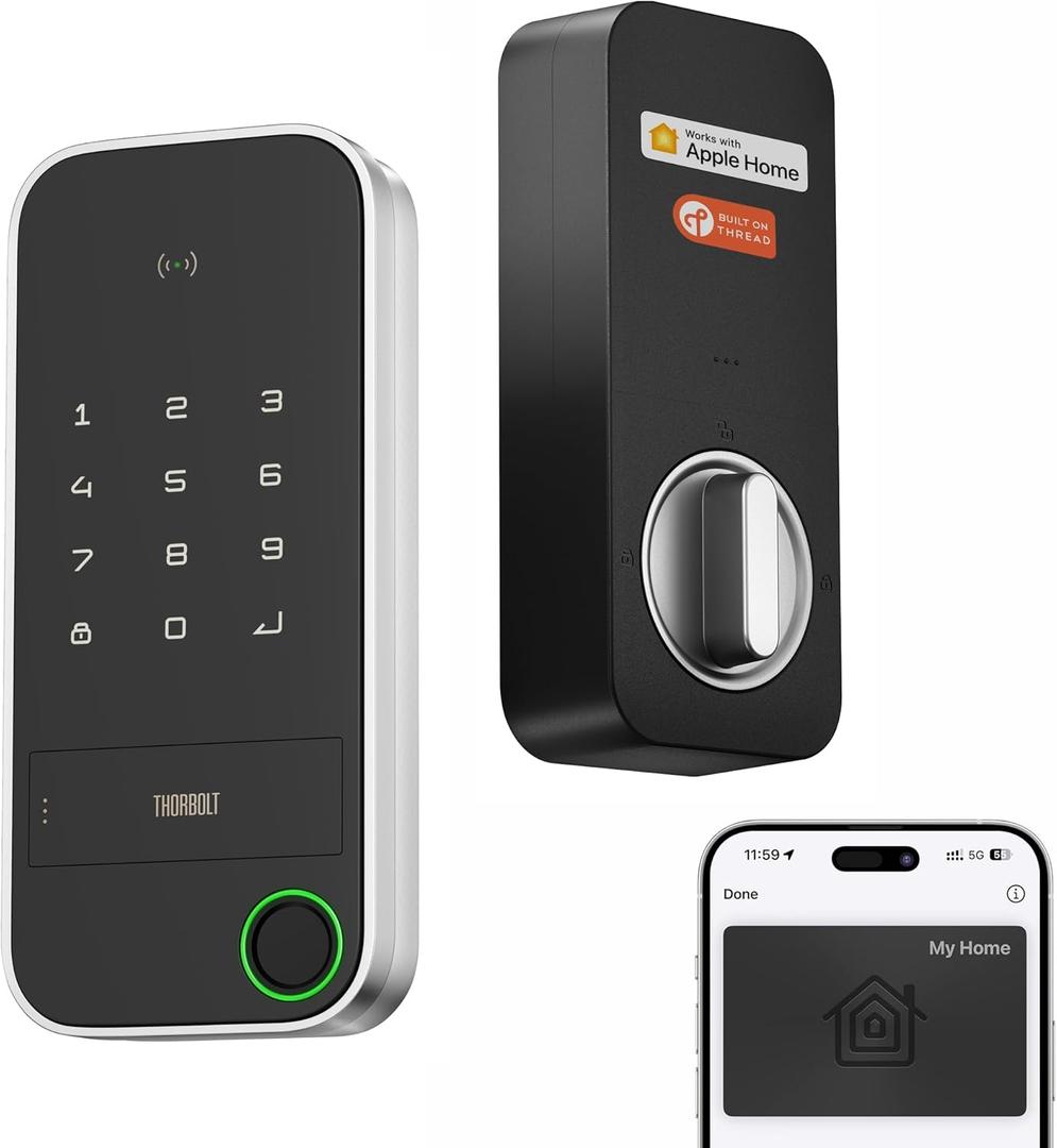 ThorBolt X1 Apple Home Key Tap to Unlock, iOS ONLY Fingerprint Keyless Entry HomeKit Door Lock, Keypad Deadbolt Lock Works with HomeKit Over Thread (Border Router Required), IP65 Weatherproof, Silver