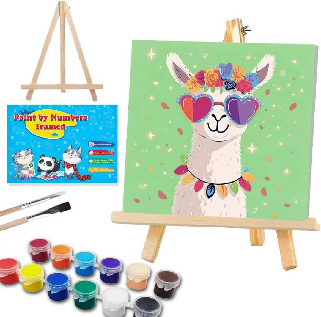 WEMEON Alpaca Paint by Numbers Kit for Kids with Frame and Easel, Easy Paint by Numbers Kits for Kids Ages 4-6, Small Painting by Number for Birthday Gift, Painting Party(10X10inch)