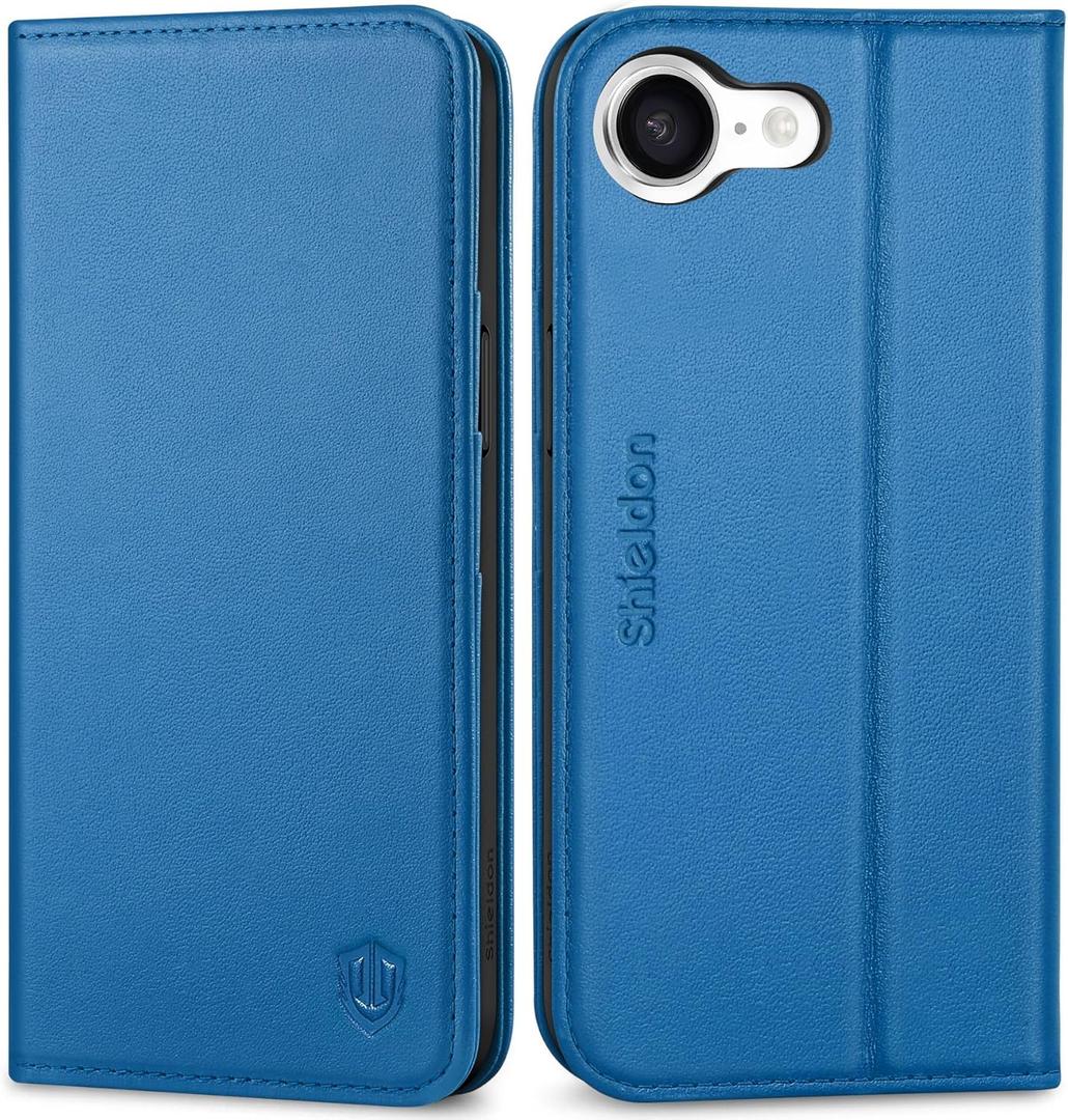 SHIELDON Wallet Case for iPhone 16e 2025, Genuine Leather Flip Case RFID Blocking Card Slot Kickstand Magnetic Shockproof TPU Phone Holder Cover Compatible with iPhone 16e 6.1" - Sapphire Blue