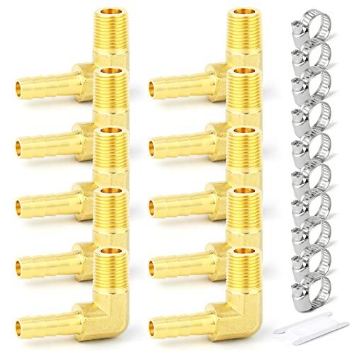 GASHER 10PCS Brass Hose Barb Reducer 90 Degree Elbow 1/8" NPT to 1/4" Barb Hose ID with 10PCS Hose Clamp, Brass Barb Reducer SPLICER Fitting Fuel/AIR/Water/Oil/Gas/WOG