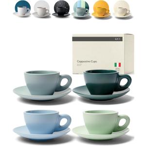 KIVY Cappuccino cups set of 4 [8oz] - Thick-walled stoneware cappuccino cup set for latte art - Cappuccino coffee cups - Tazas de cafe - Latte cups - Latte art cup and saucer set of 4 - Green, Blue