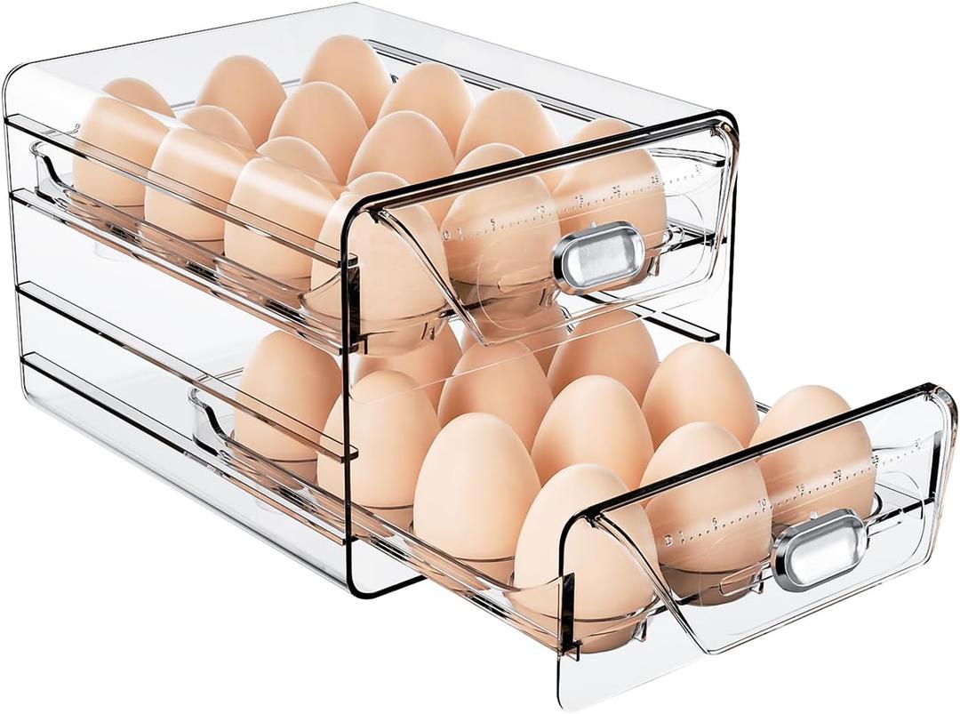 24 Grids Clear High Capacity Egg Organizer for Refrigerator with Time Scale, Stackable Container and Storage for Refrigerator with Drawers (2 Layer, 7.9"x 6.3"x 5.5")