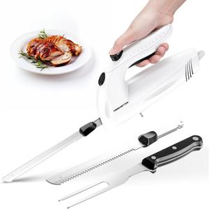 KEENSTAR Electric Knife for Carving Meat, Turkey, Bread, 150W Electric Knife Set with 2 Serrated Stainless Steel Blades & Serving Fork for Slicing Poultry, Ham & More, Ergonomic Handle & Safety Lock