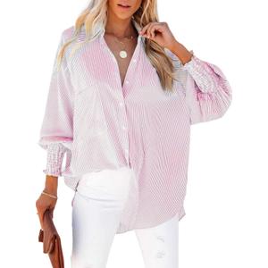 Womens Smocked Cuffed Striped Boyfriend Shirt Casual Collar Long Sleeve Oversized Button Down Blouse Tops with Pocket Shirred (Large, Pink)