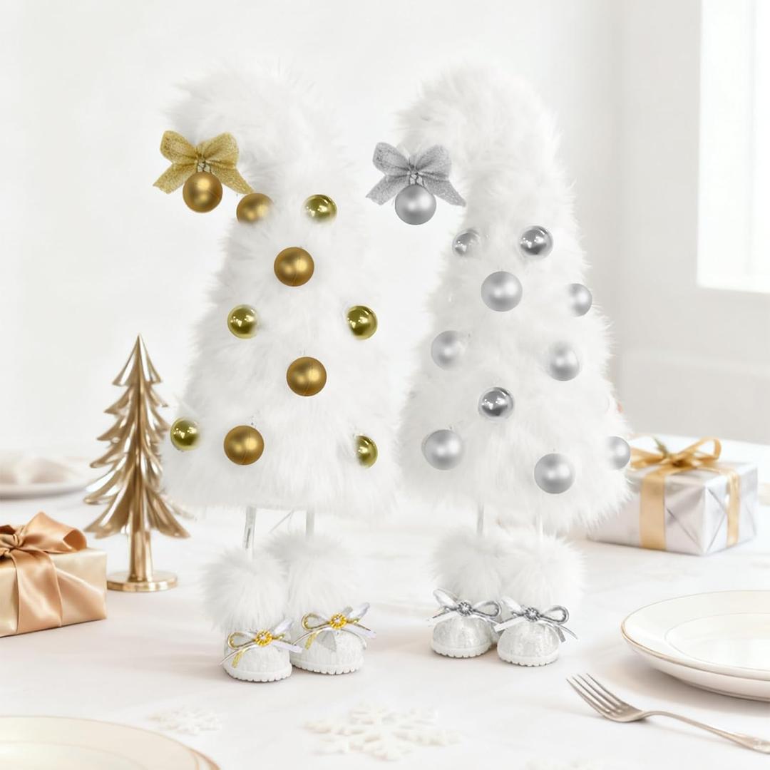 Chunful 2 Pcs Mini Furry Christmas Tree Table Centerpiece Decoration Small White Xmas Tree Tabletop Ornaments for Holiday Christmas Kitchen Home DIY Decorations