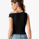 QINSEN Womens Off Shoulder Asymmetrical Tops Diagonal Button-up Closure Split Hem Cropped T Shirts Y2k Tank Top (Black, XL)