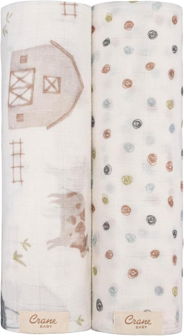 Crane Baby Charlie 2-pc. Farmhouse Tractor Dot Swaddle Set, 100% Cotton Muslin Swaddle for Newborns, Baby Boy Blanket Neutral, Infant Receiving Blankets for Boys, Rustic Farm Nursery Decor