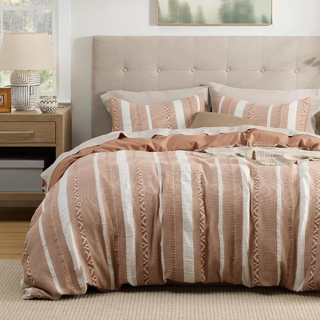 Bedsure Waffle Weave Duvet Cover Queen - 100% Cotton Boho Duvet Cover Set with 2 Pillowcases - Extra Soft Terracotta Textured Comforter Cover with Zipper Closure (Queen, 90"x90") (19 - Strip Terracotta (No Comforter))
