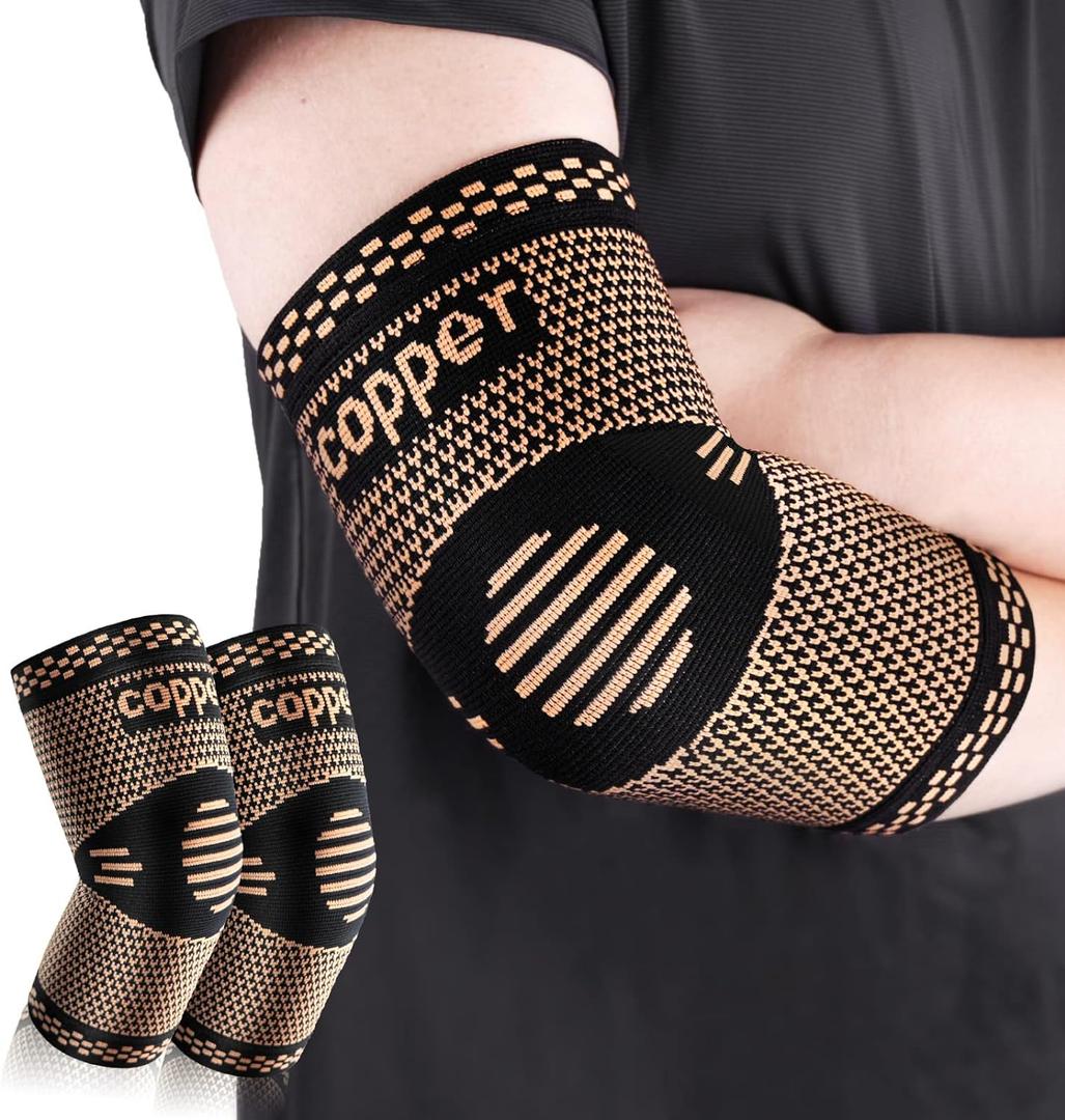 Copper Elbow Sleeve,Elbow Compression Sleeve, Elbow Brace For Tendonitis and Tennis Elbow,Golfers, Arthritis, Bursitis. Elbow Pain Relief,Weightlifting, Fit for Men & Women (Large, Gold&Black)