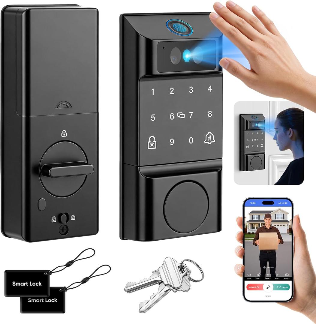 Smart Lock with Palm Vein&Facial Recognition& Fingerprint Keyless Entry Door Lock, Built-in Wi-Fi Deadbolt with Security Camera& Video Doorbell, App Control, Auto-Lock, Touch Keypad for Home Security