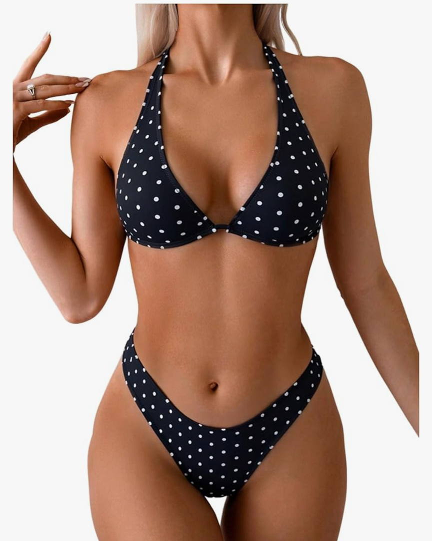 WDIRARA Women's Polka Dots Bikini Set Halter Triangle Swimsuit 2 Piece Bathing Suit, M