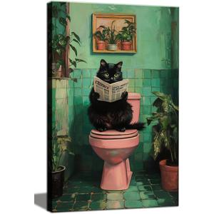 Funny Black Cat Bathroom Wall Art Decor, Funny Black Cat Reading Newspaper On The Toilet Canvas Artwork Print, Tropical Cat Canvas Wall Art for Bathroom Toilet Restroom Washroom Wall Decor 16x24''