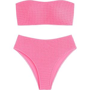 ZAFUL Women's High Cut Bandeau Bikini Set Strapless Solid Color 2 Pieces Bathing Suit Swimsuit, Small