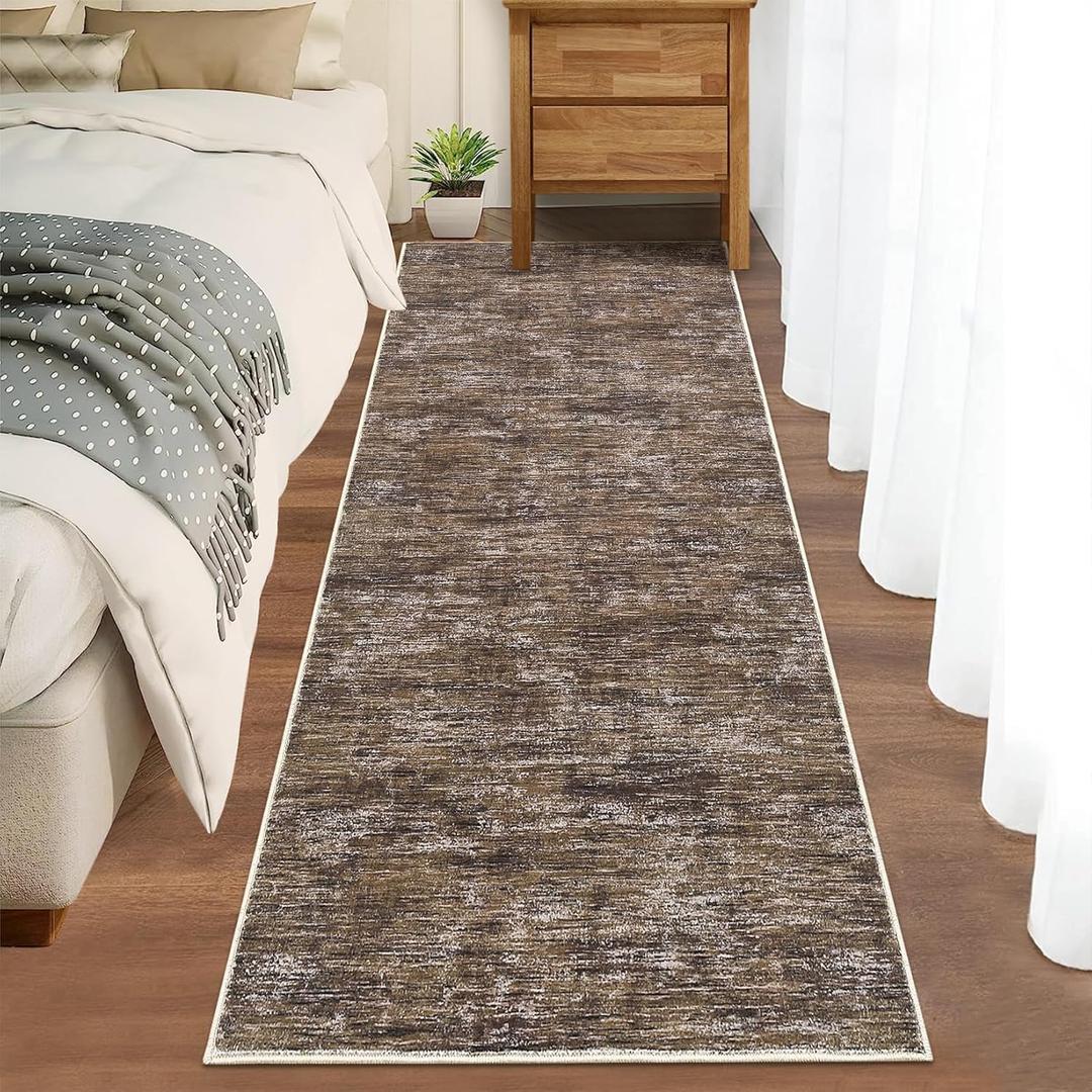 RUGSREAL Modern Runner Rug 2.5x8 Stain Resistant Washable Kitchen Runner Carpet ith Rubber Backing Low Pile Contemporary Solid Color Entryway Mat Ultra Soft Rug for Living Room Bedroom, Brown