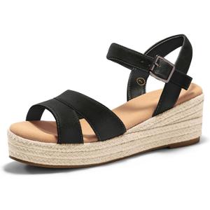 Coutgo Womens Wedge Platform Sandals Espadrille Heels Open Toe Buckle Ankle Strap Summer Shoes (White, M)